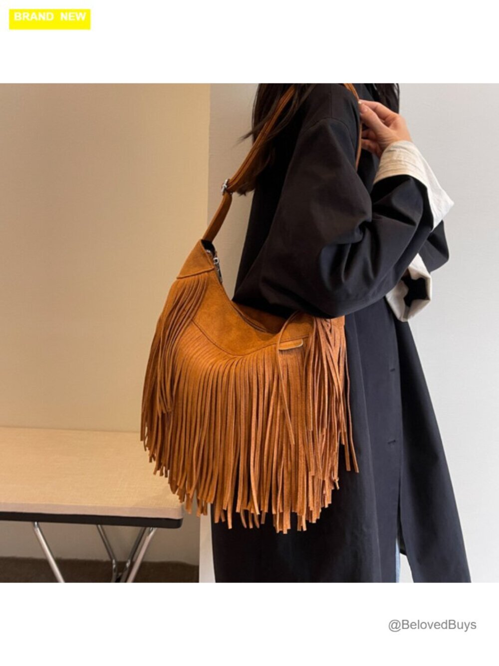 Vintage Suede Fringe Hobo Bag Tote Shoulder Crossbody Purse - Picture 7 of 7